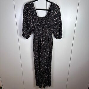 Madewell Womens 2 Black Floral Smocked Square Neck Puff Sleeve Jumpsuit Wide Leg